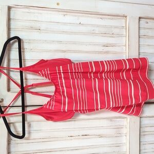 Athleta, red and white striped blouson tankini top. Sz 34D/DD Tall